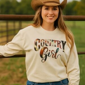 COUNTRY Girl Long Sleeve Shirt – Cow Print Graphic Tee, Western Boho Rural Style